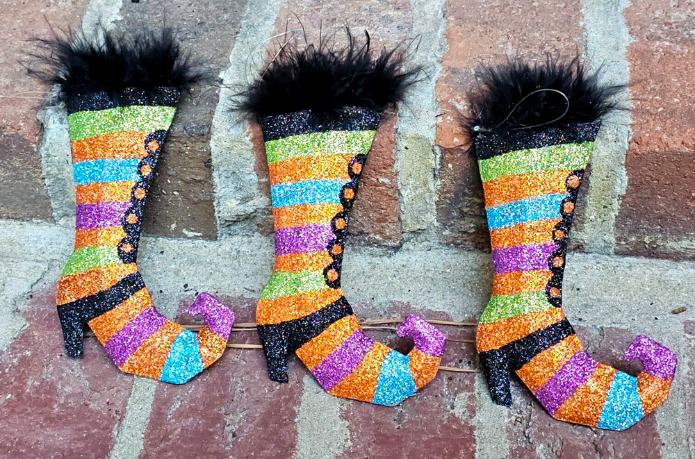 Set of 3 - Pier 1 Imports Halloween Ornament Witch Boots Shoes Metal Glitter Fur